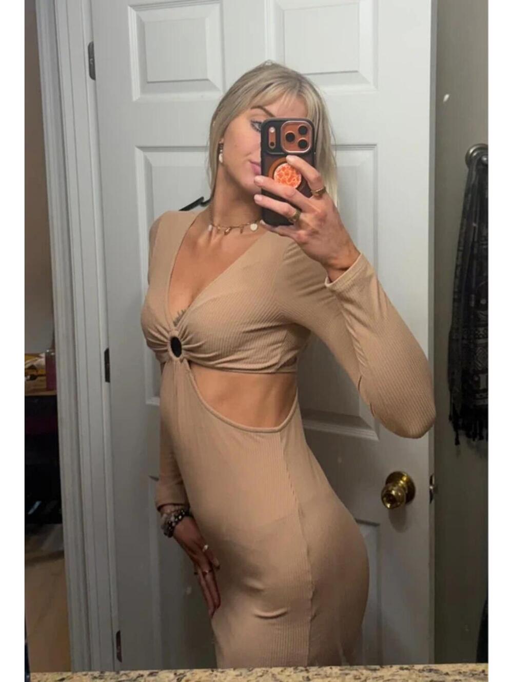 Ultra Flirt Tan Long Sleeve Dress - Picture 2 of 6
